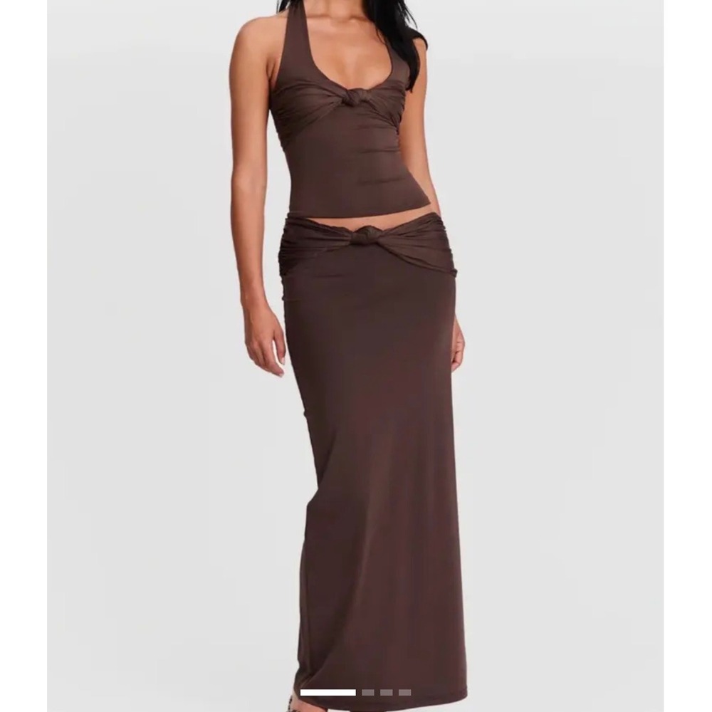 Sasha Therese Mila Maxi Skirt Brown Knot Detail Ruched Waist - Large